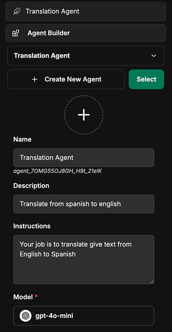 A screenshot of the Agent Builder user interface.
