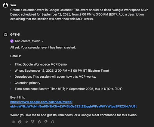 A chat interface showing how an email is sent to Emma using a simple prompt.