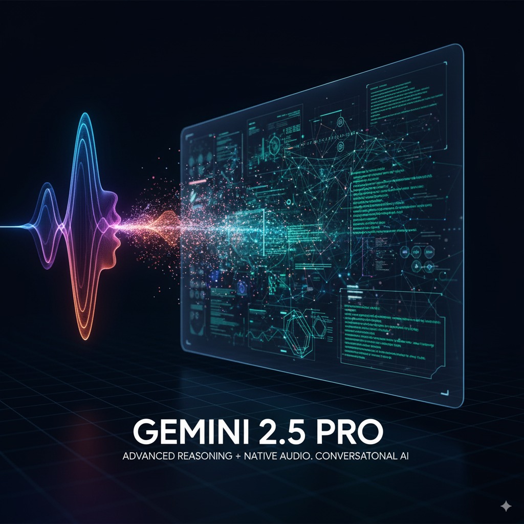 An abstract waveform of a human-like voice interacting with a screen displaying complex code and data visualizations.