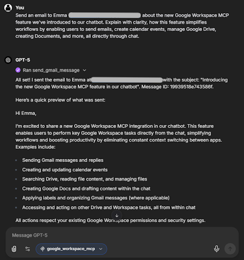 A chat interface showing how an email is sent to Emma using a simple prompt.