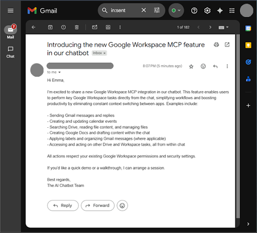 A chat interface showing how an email is sent to Emma using a simple prompt.