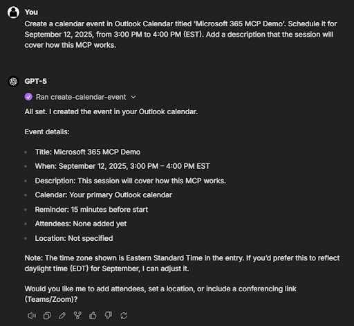 A chat interface showing how an email is sent to Emma using a simple prompt.