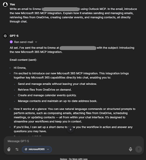 A chat interface showing how an email is sent to Emma using a simple prompt.