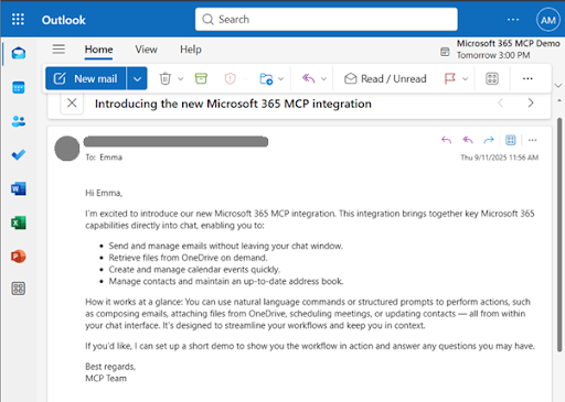 A chat interface showing how an email is sent to Emma using a simple prompt.