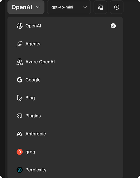 A user interface showing a list of AI models like OpenAI, Google, and Anthropic.