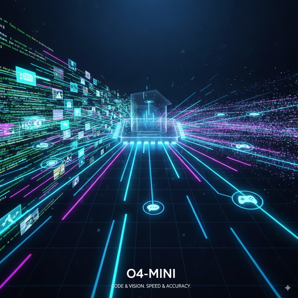 A graphic depicting code and images being analyzed efficiently by an AI model.