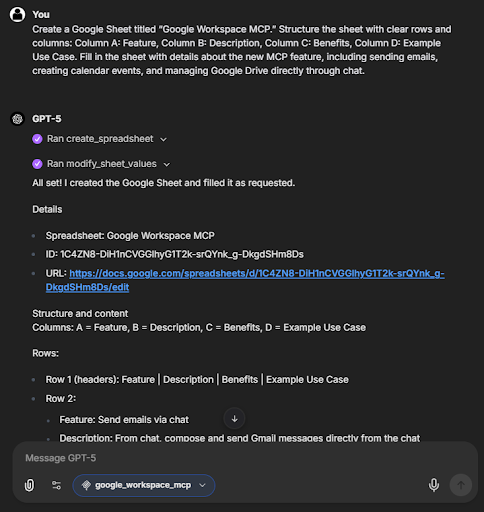 A chat interface showing how an email is sent to Emma using a simple prompt.